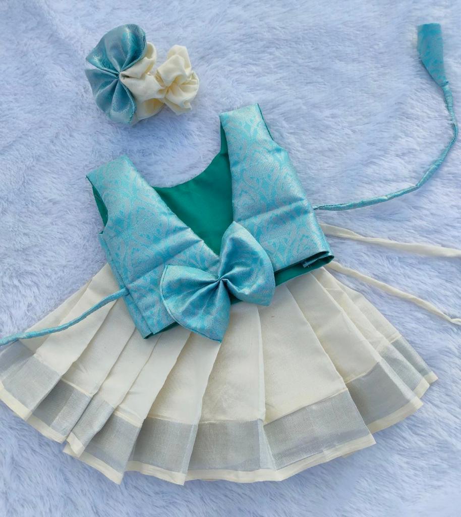Cyan Top & White/Kasuvu Cotton Bottom Pattu Pavada