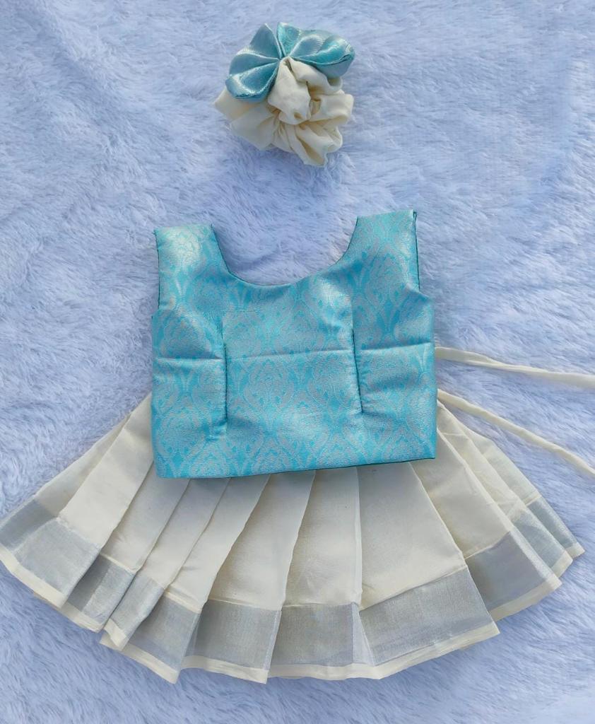 Cyan Top & White/Kasuvu Cotton Bottom Pattu Pavada