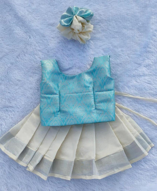 Cyan Top & White/Kasuvu Cotton Bottom Pattu Pavada