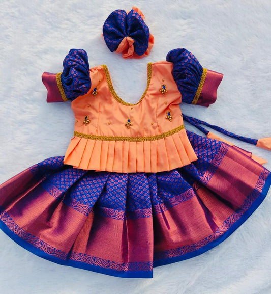 Peach top and Royal Blue Bottom Pattu pavada