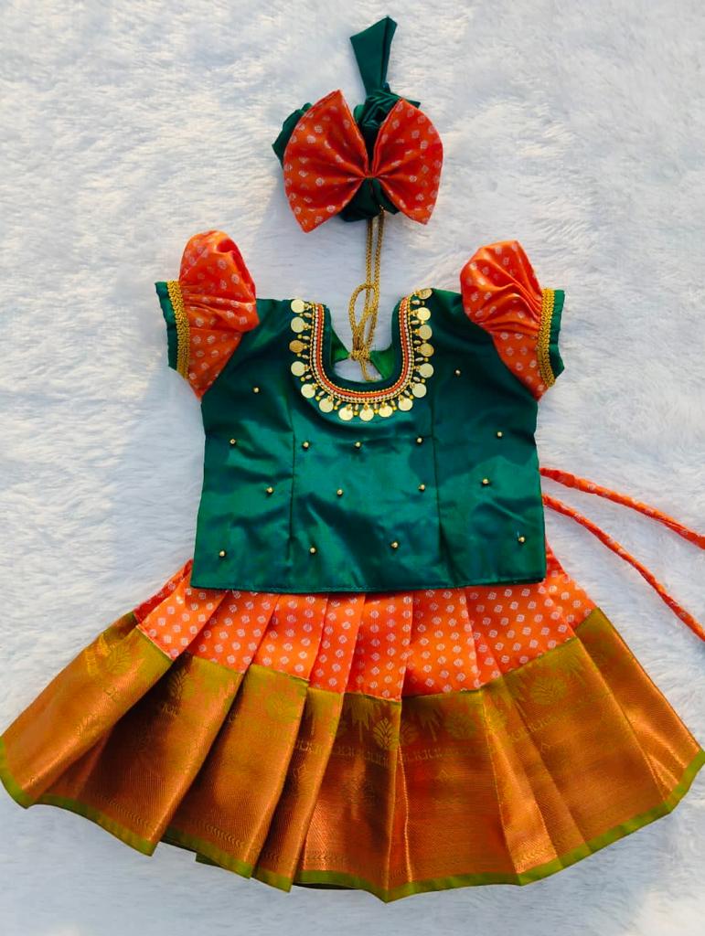 Green Top and Orange Bottom Pattu pavada