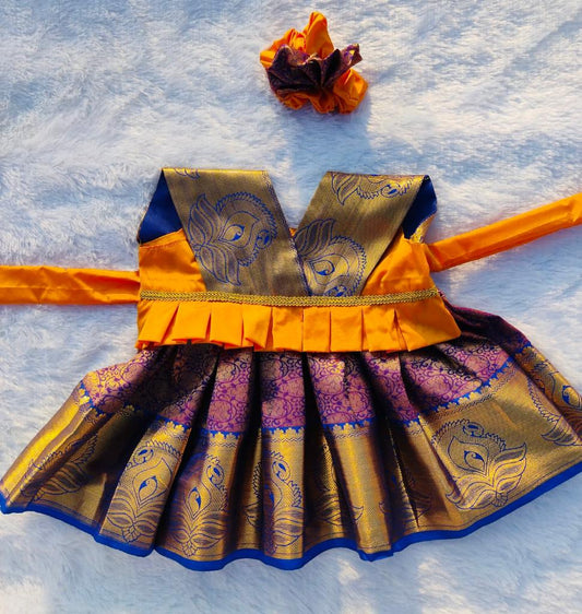 Yellow and Ink Blue Pattu pavada