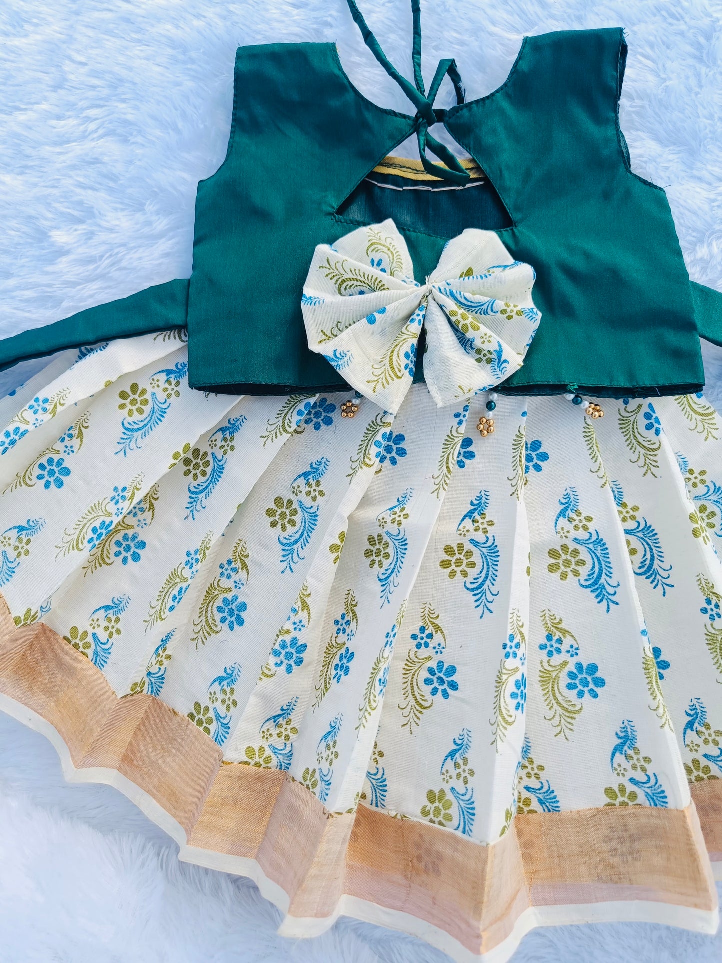 2025-Ganesh chathurthi Collections Green Crop Top And Floral Print Keral Cotton Pattu Pavada