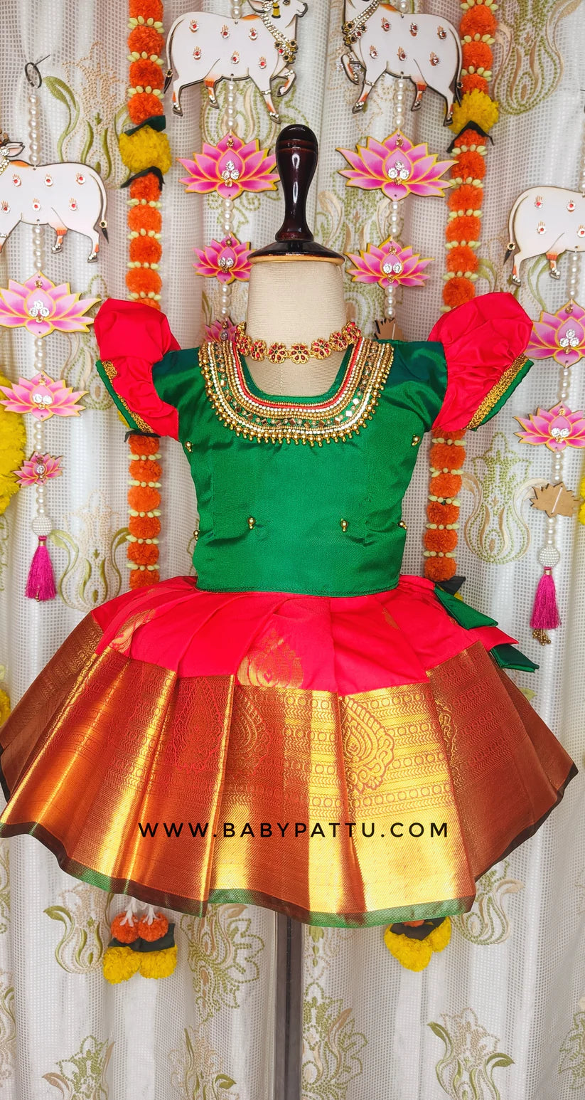 Green & Red Pattu Pavada