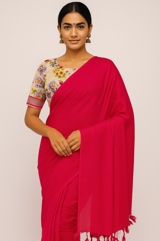 Rani Pink Colour Pure Mangalagiri Silk Plain Saree With Contrast Digital Print Blouse