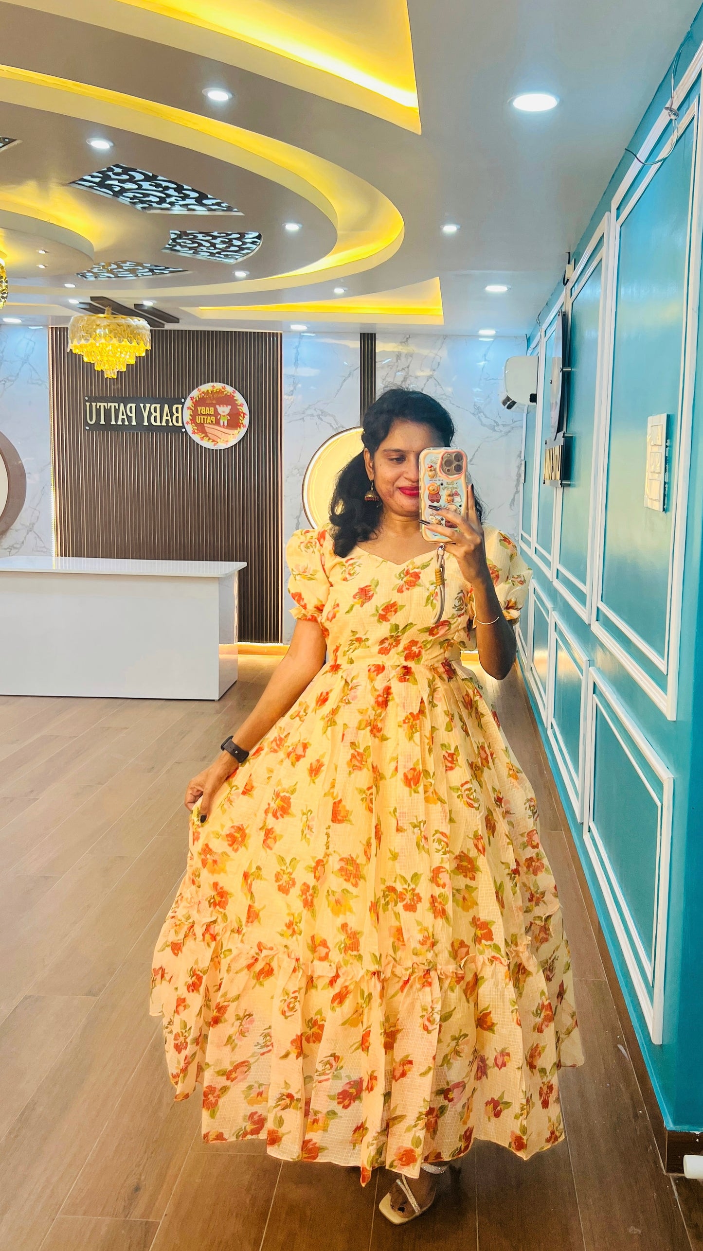 Cream Color Kota Cotton with Floral Design Long Frock