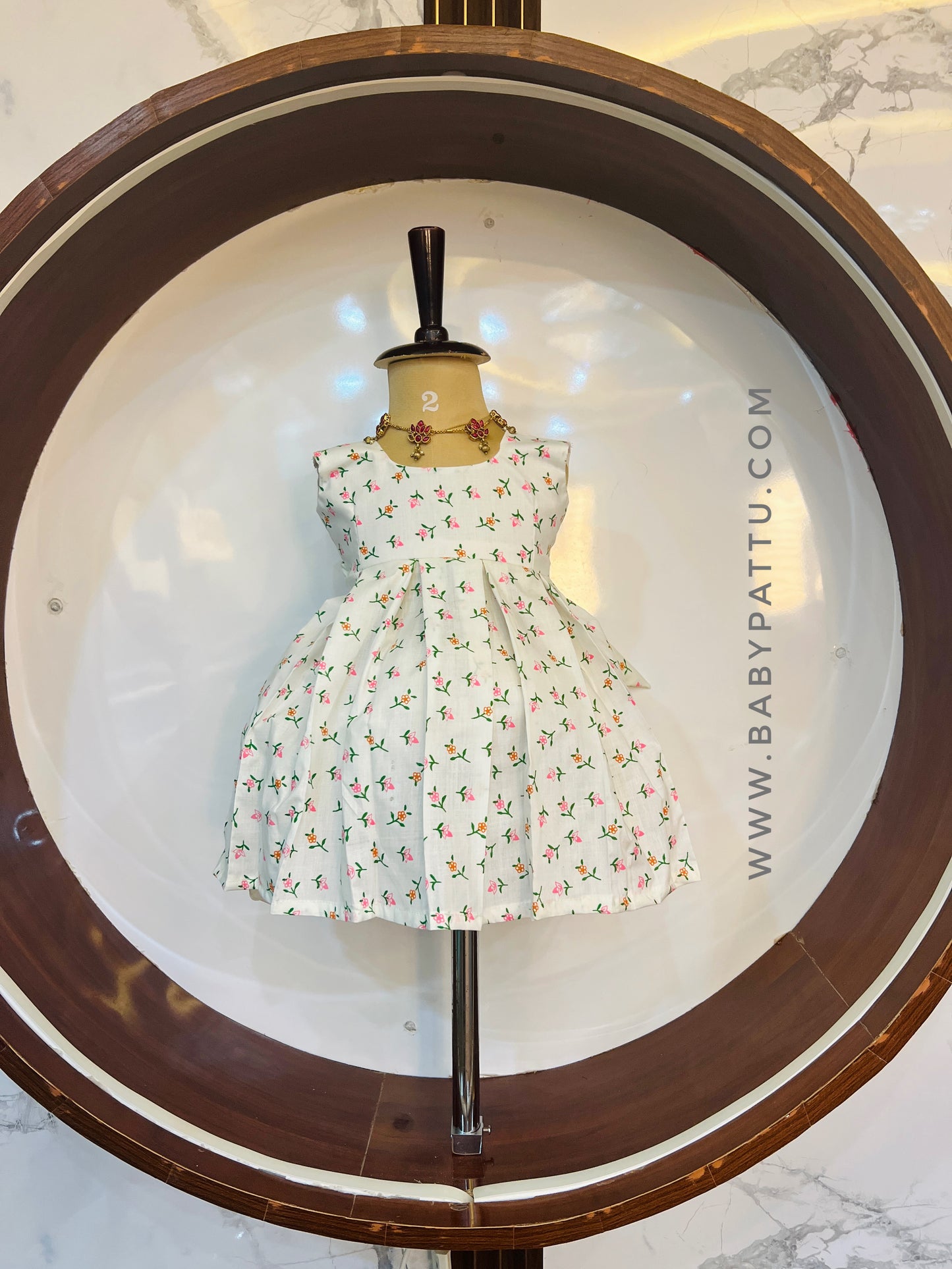 White Pink Foral Kerala Cotton Frock