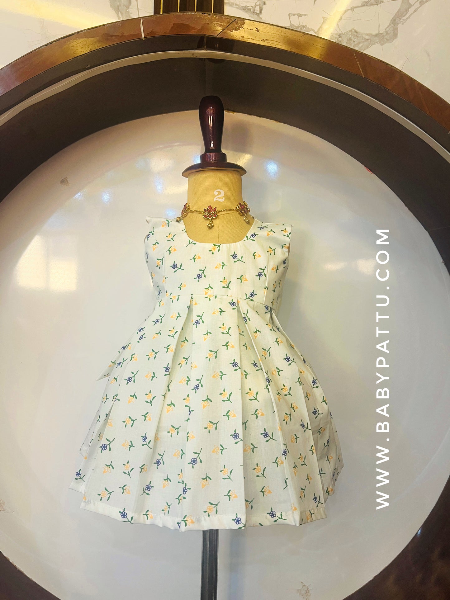 White Kerala Cotton Frock with Green Floral