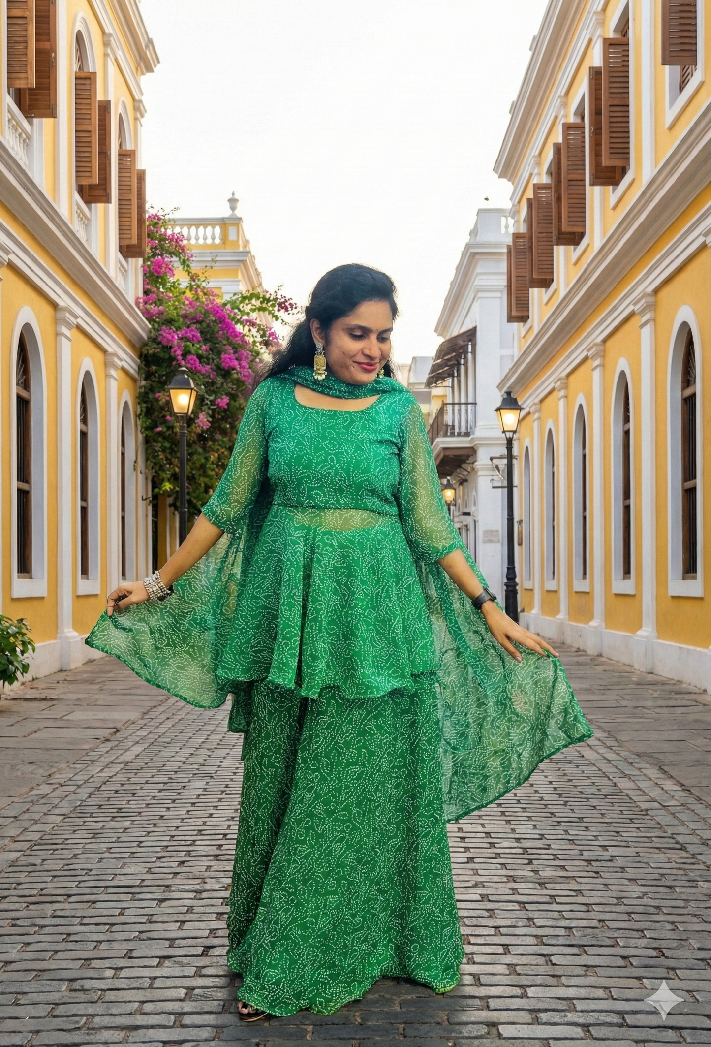 Green Bandini Print Peplum Top & Palazzo Set with Long Dupatta