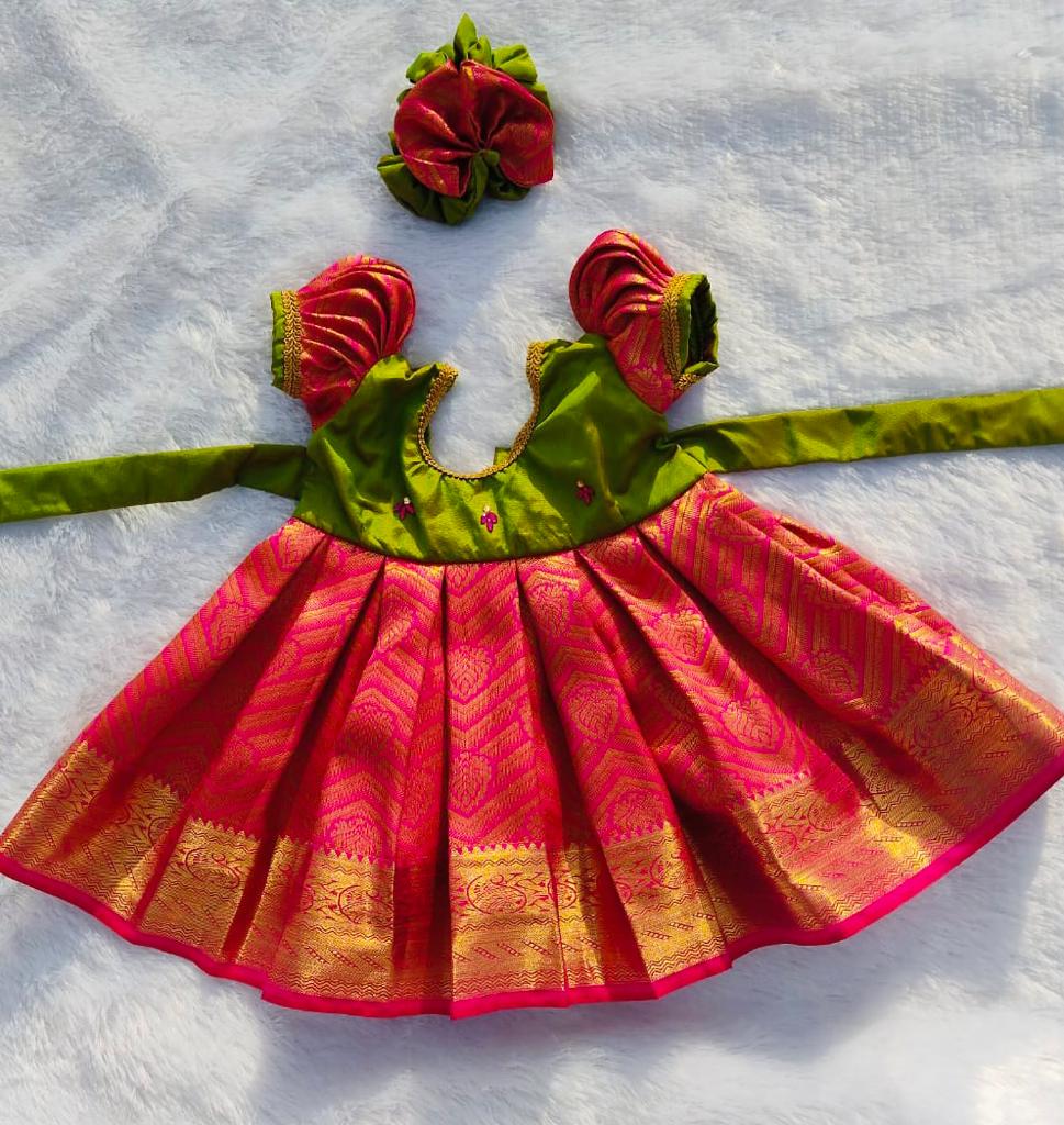 Green Rani Pink Pattu Frock