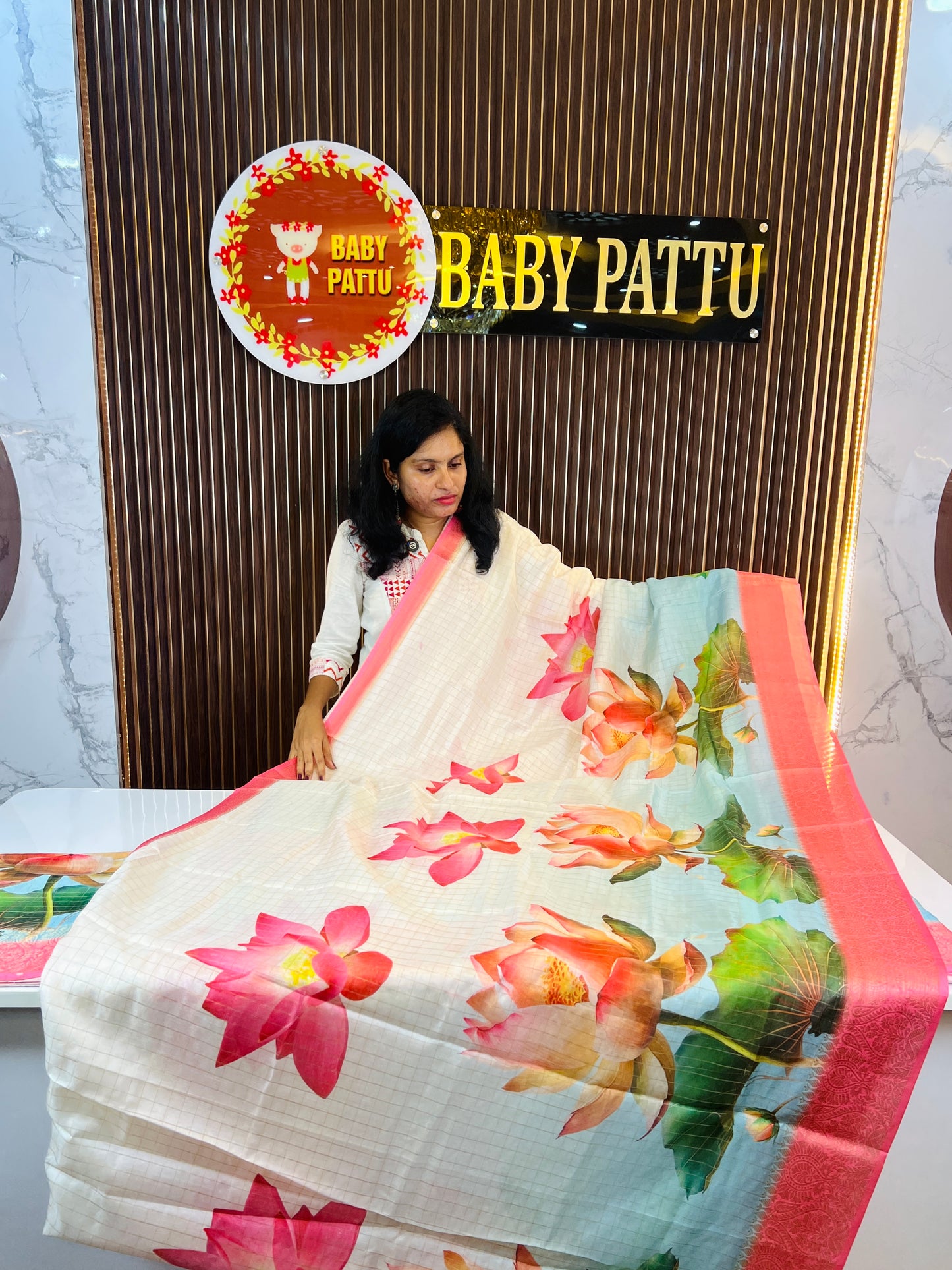 Beautiful Lotus Printed White Saree