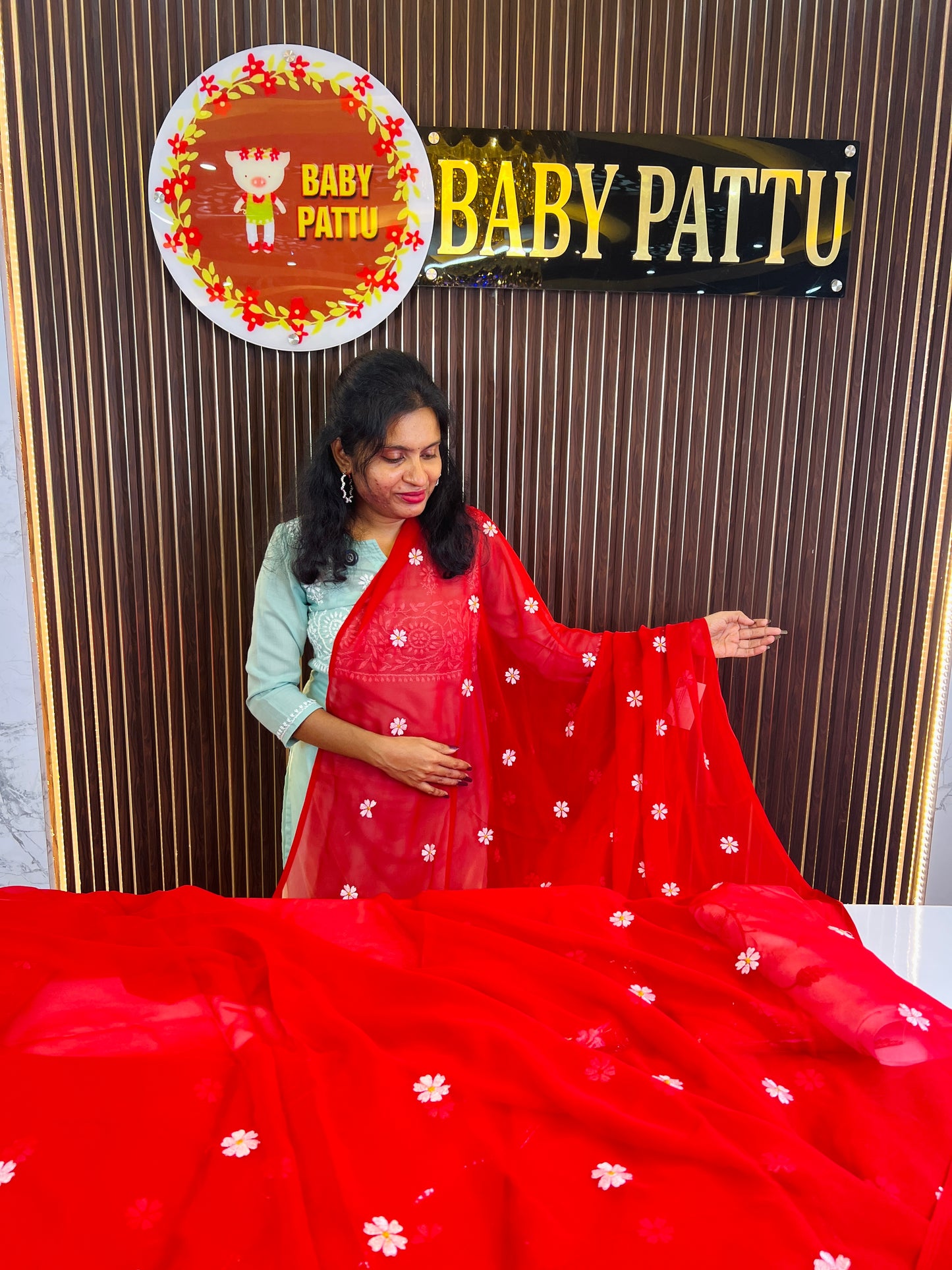 Red Color Saree With White Flowers