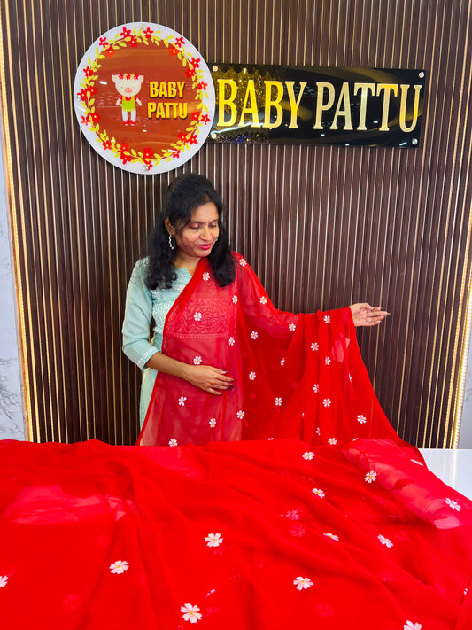 Red Color Saree With White Flowers