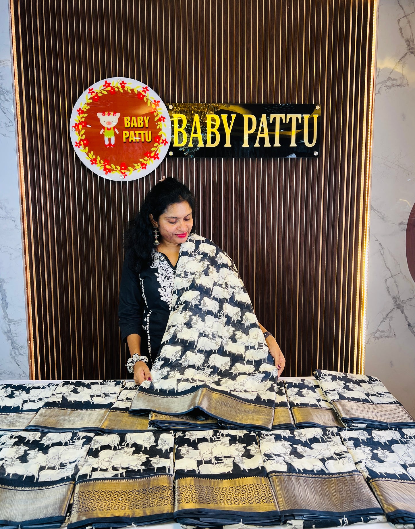 Pichwai Cow Print Black and White Dola Silk Light weight Saree