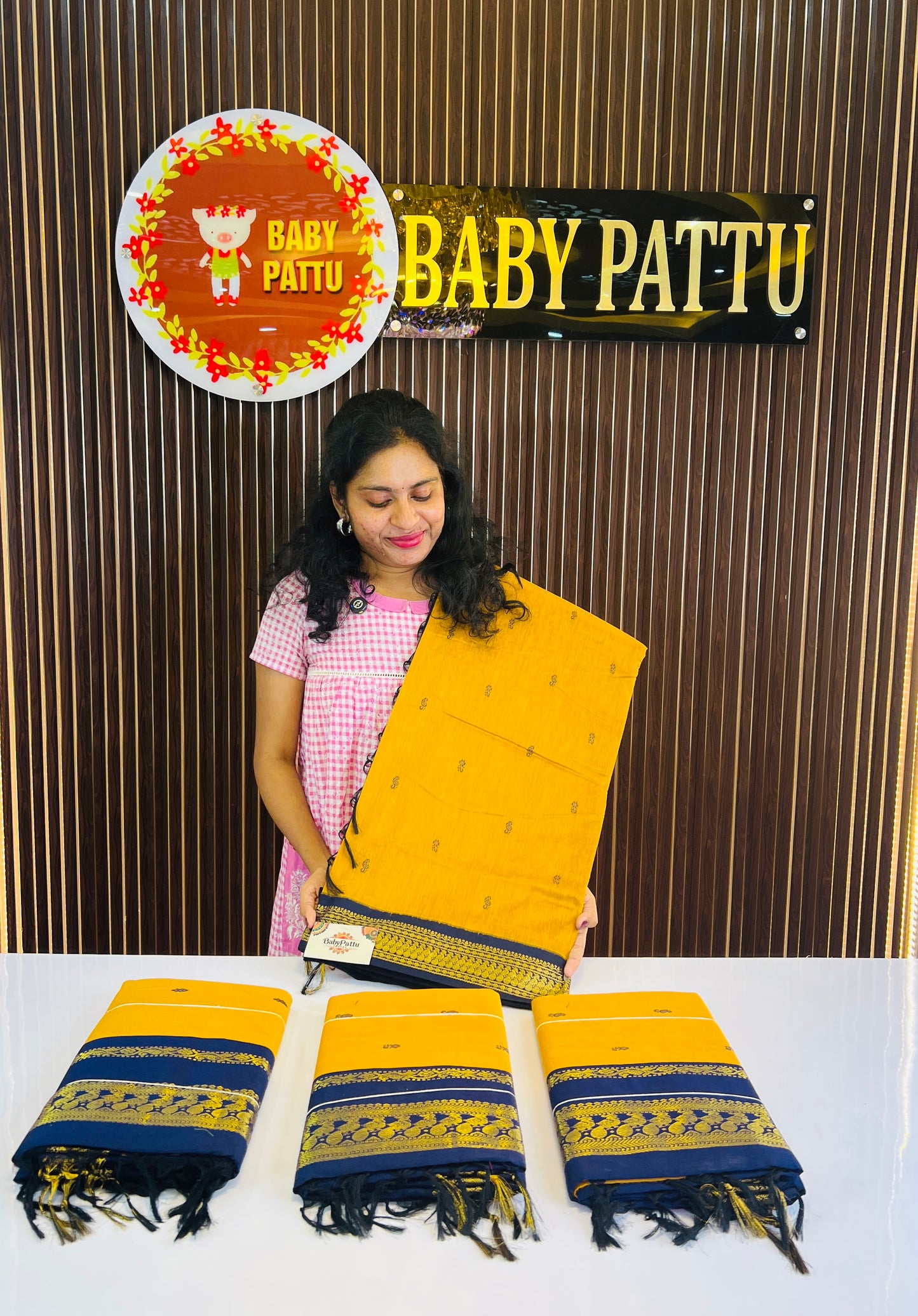 Mustard Yellow & Navy Blue Kalyani Cotton Saree