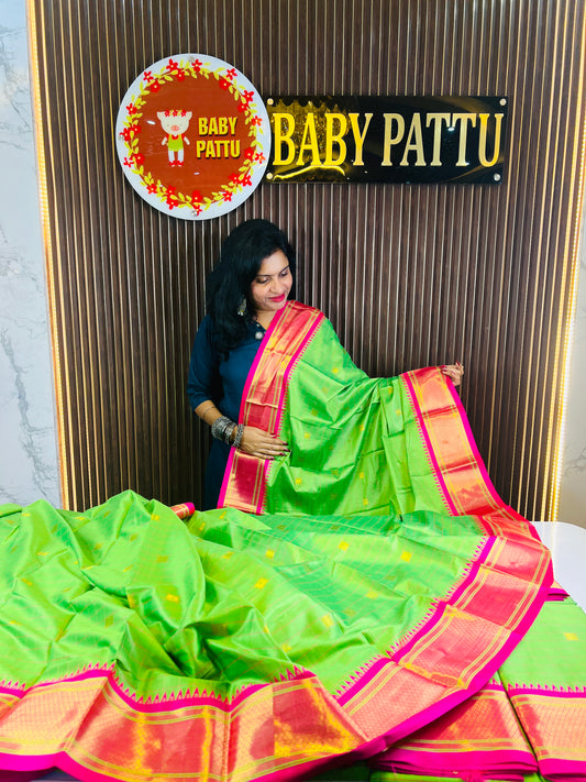 Parrot Green With Rani Pink Border Saree