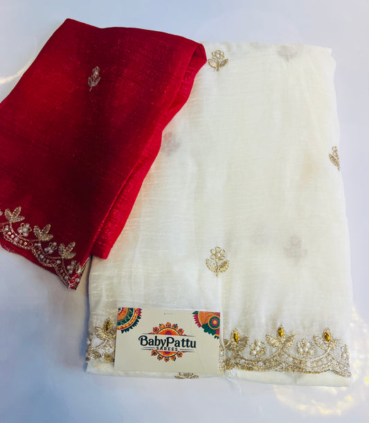 Cut work Saree Half White & Red Blouse