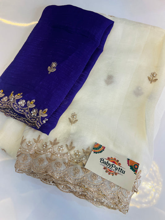 Cut work Saree White & Purple Blouse