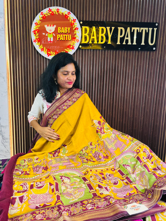 Mango Yellow Kalamkari Pure MUL MUL Cotton Saree