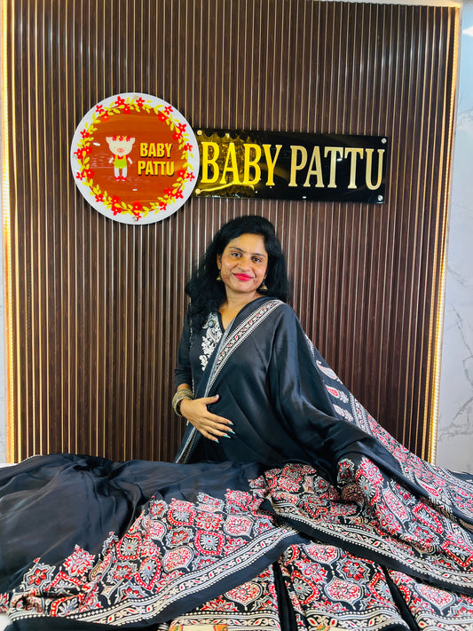 Black Ajrakh Printed Silk Saree