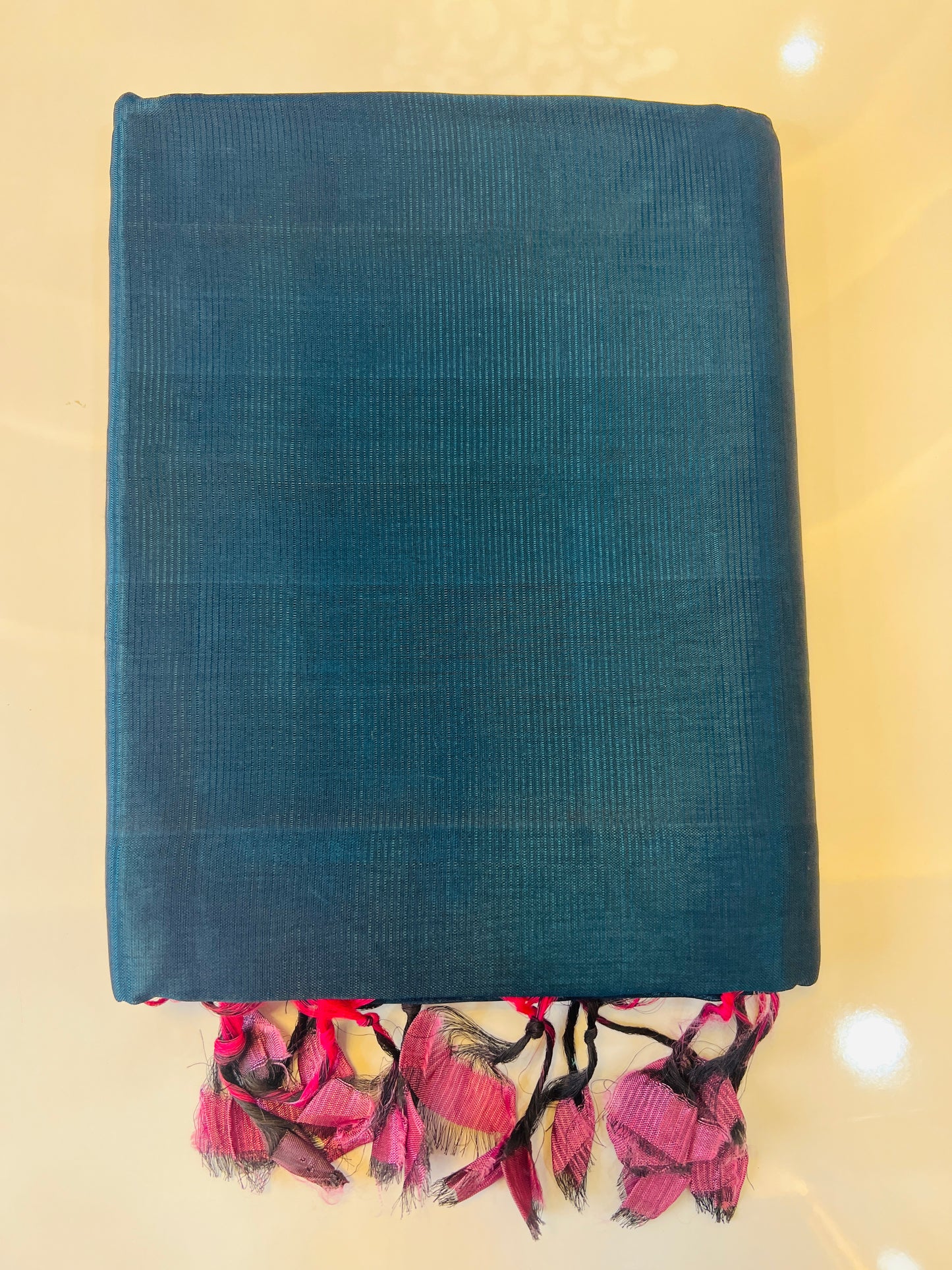 Peacock Blue Pure Mangalagiri Silk Plain Saree With Tie And Die Pallu & Digital Print Blouse