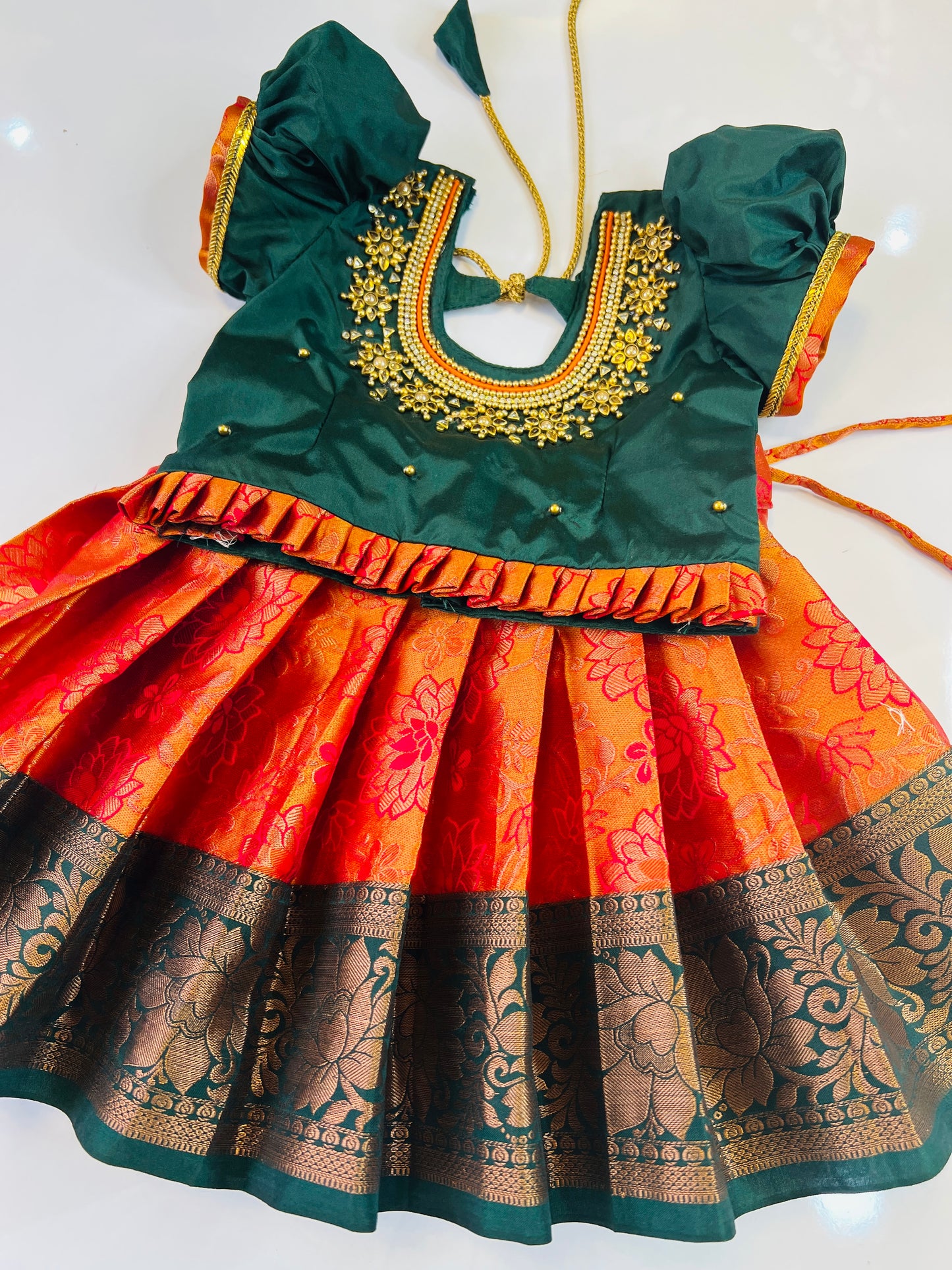 Green Top And Orange Colour Bottom Pattu Pavada