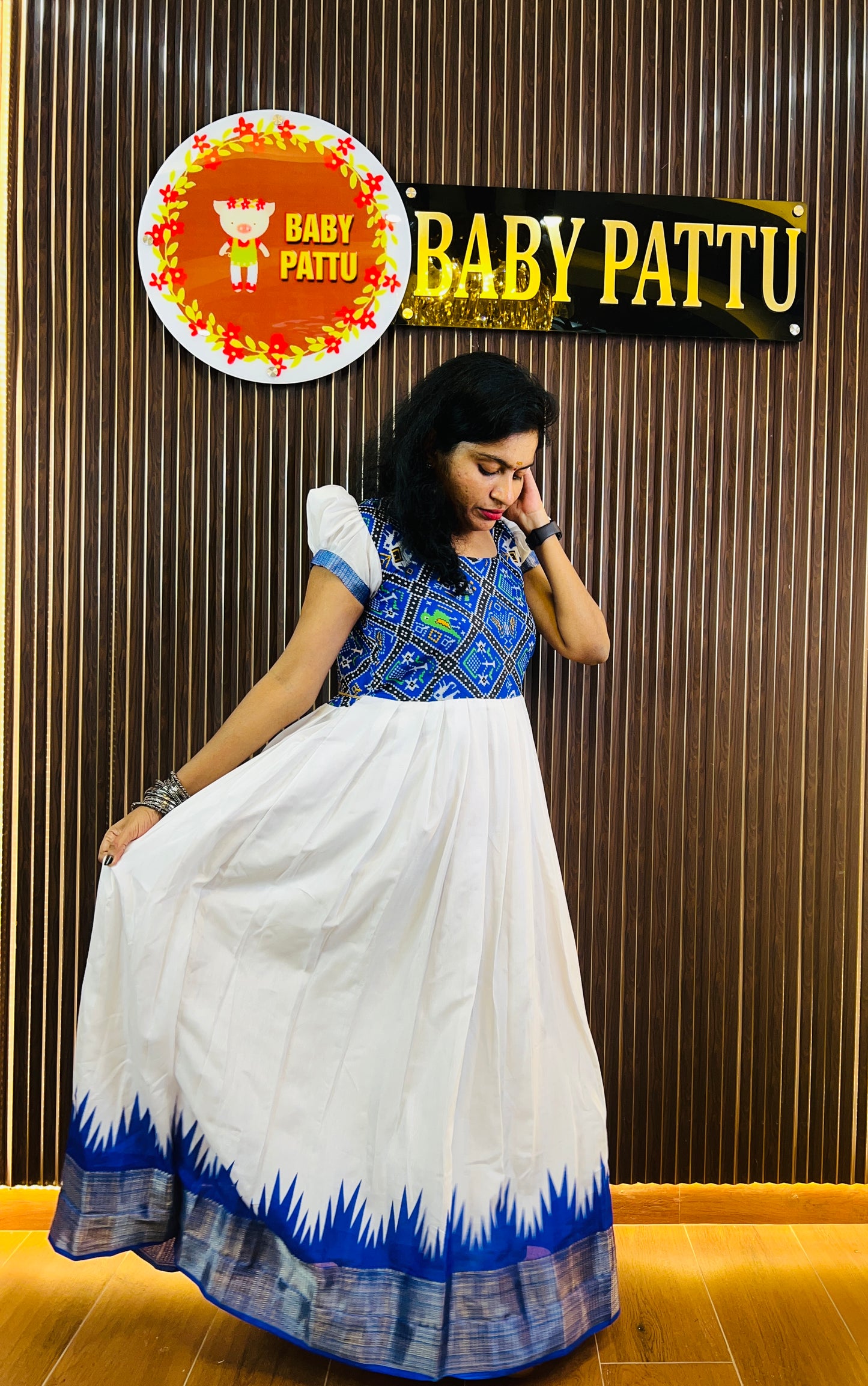 Blue And White Long Frock