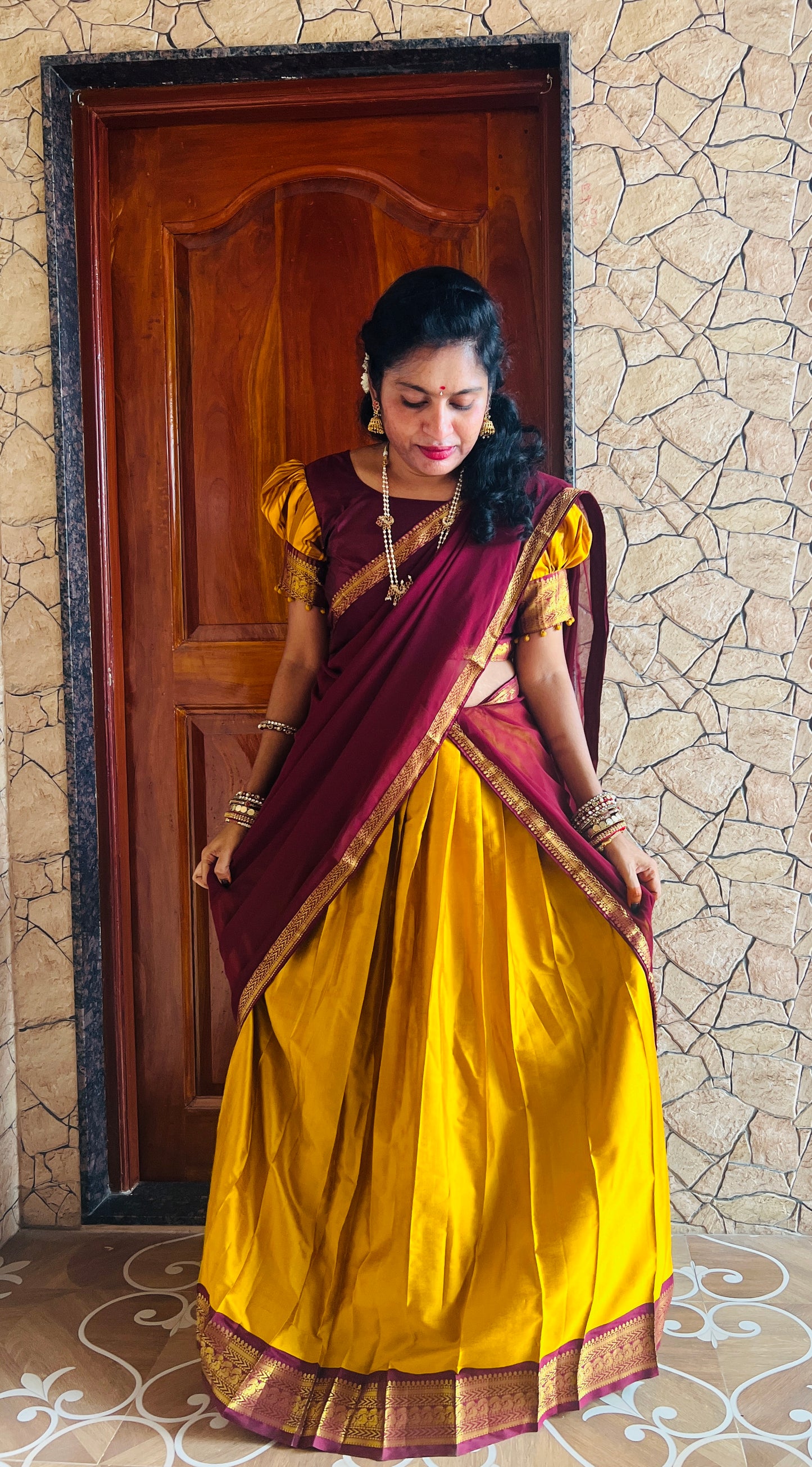 Maroon And Mango Yellow Half Saree
