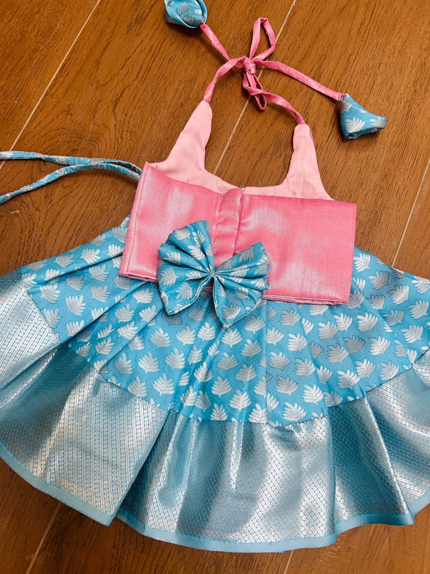 BabyPink Crop Top And Sky Blue Pattu Pavada