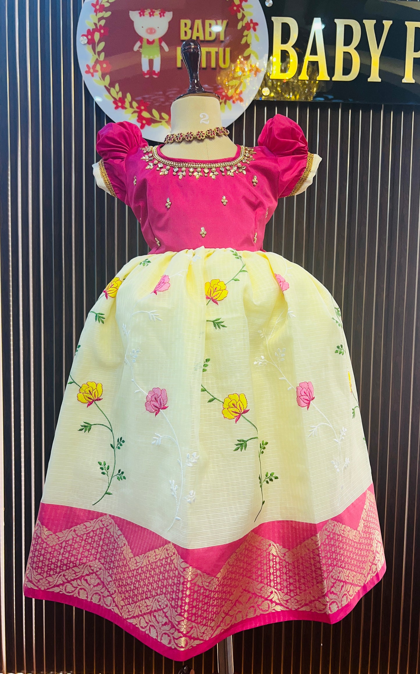 Rani Pink And Cream Kota Embroidery Frock