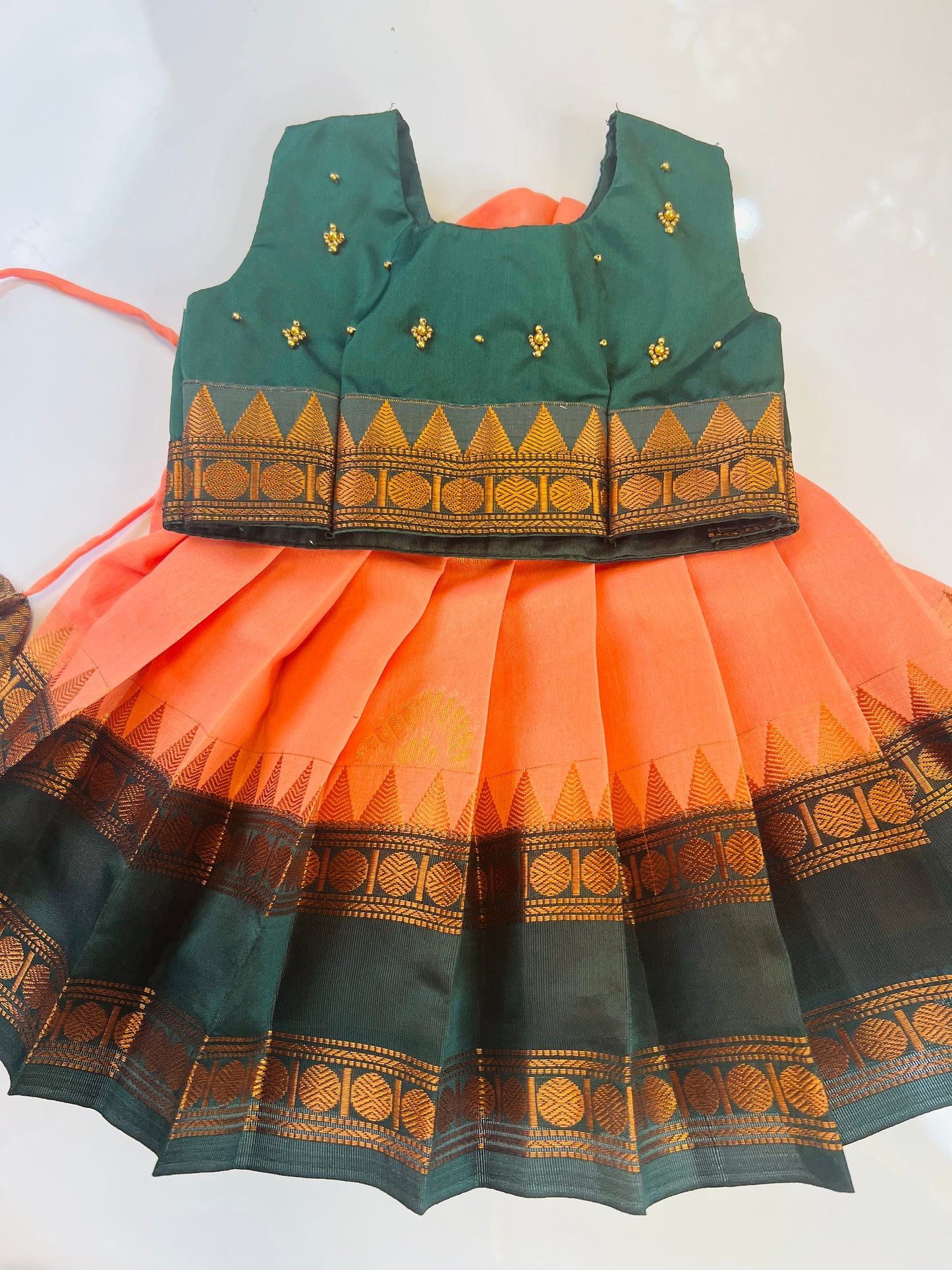 Green And Dark Peach Colour Crop Top Pattu Pavada