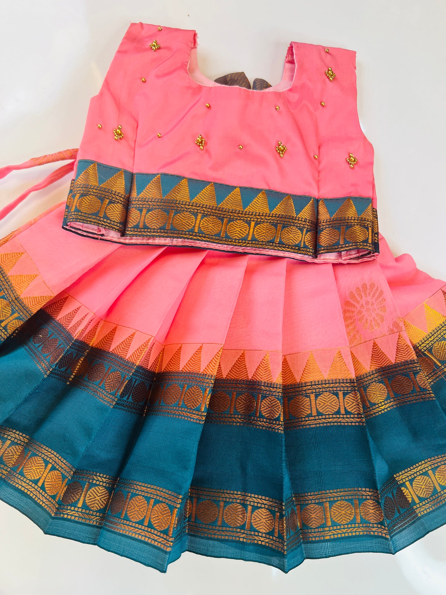 Baby Pink And Peacock Blue Crop Top Pattu Pavada
