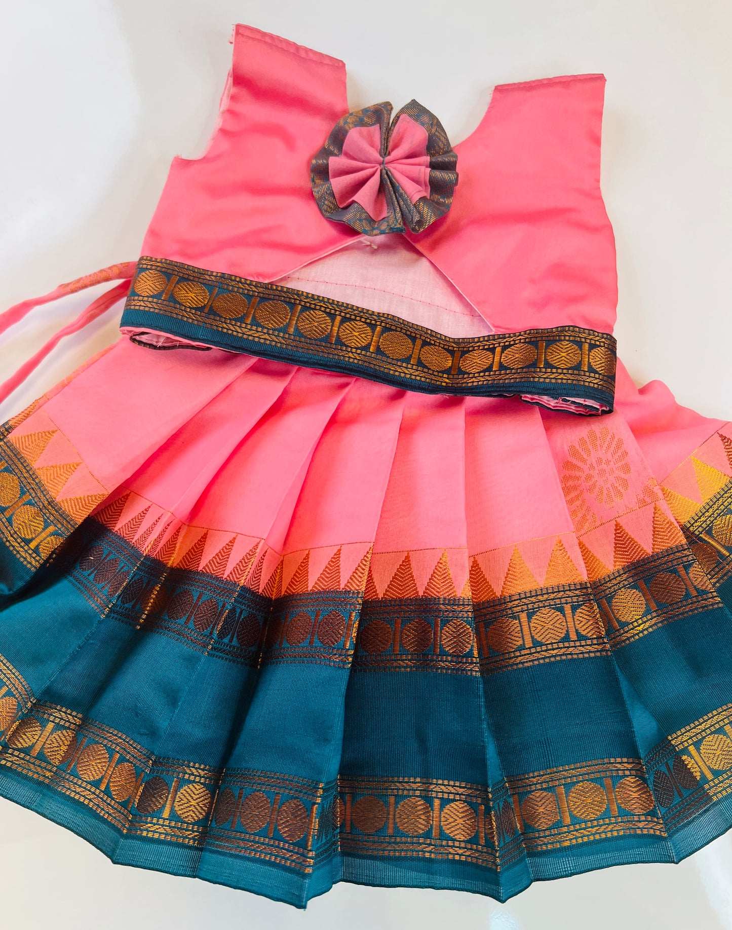 Baby Pink And Peacock Blue Crop Top Pattu Pavada