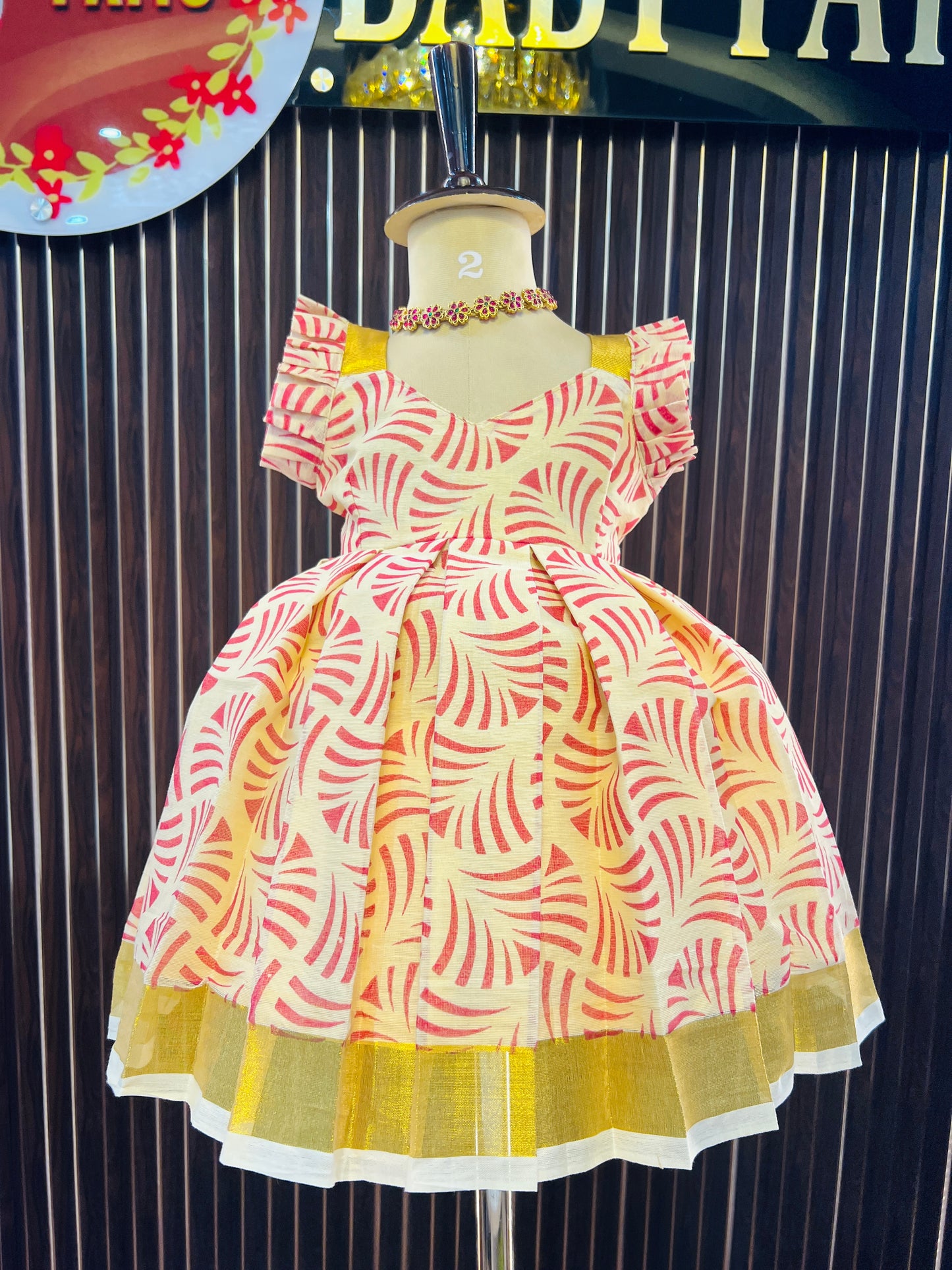 Red Color lines Pattern Kerala Cotton Frock