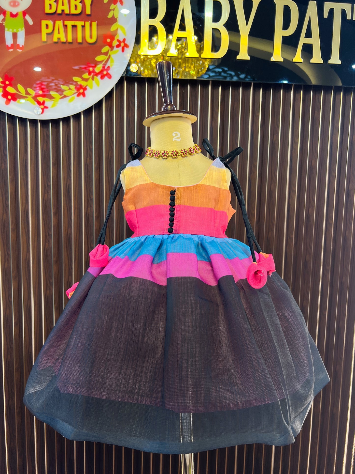 Soft Lenin Black RainBow Color Frock