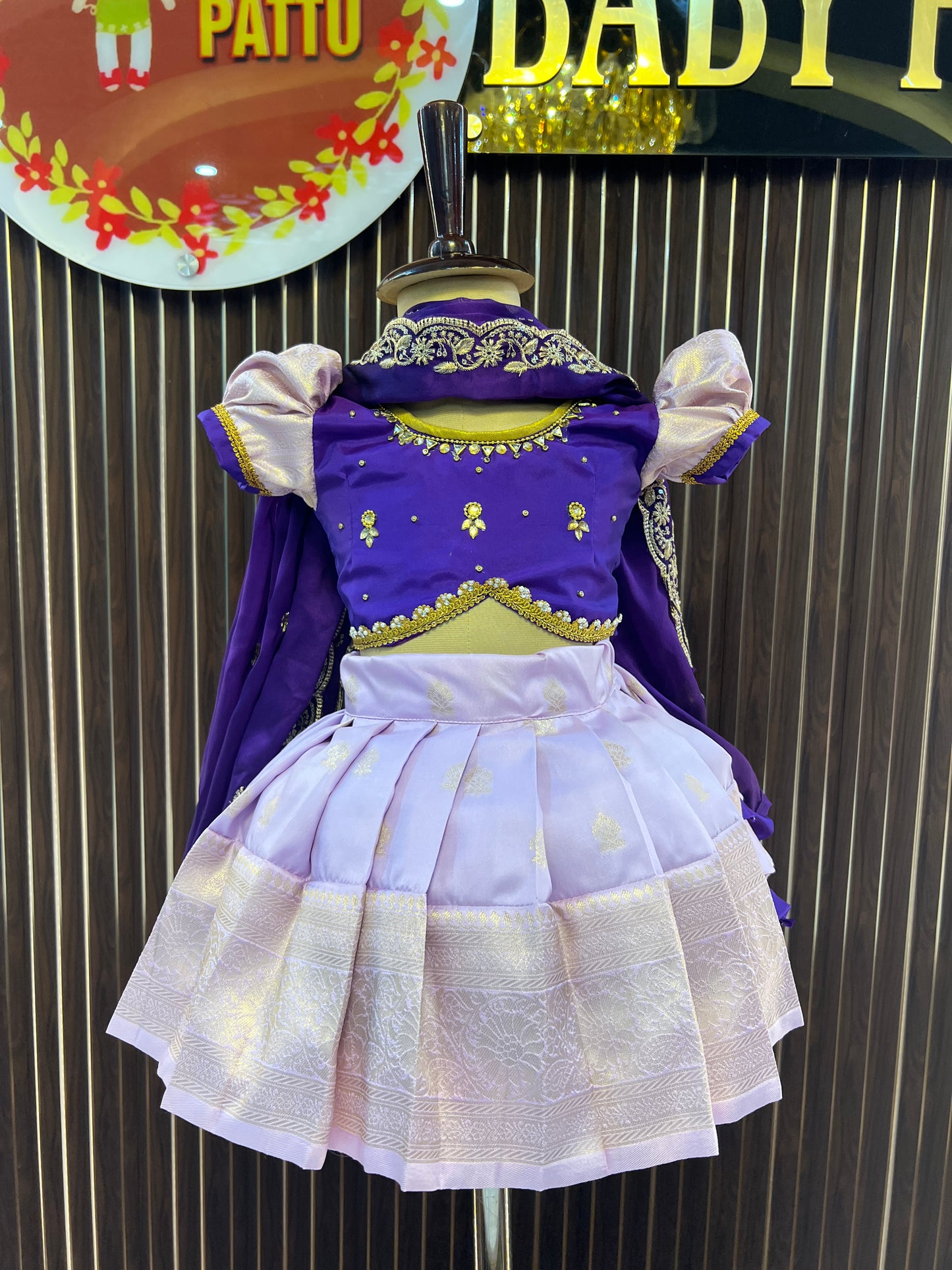 Purple Crop Top And Lavender Bottom Pattu Pavada with Detachable Duppatta