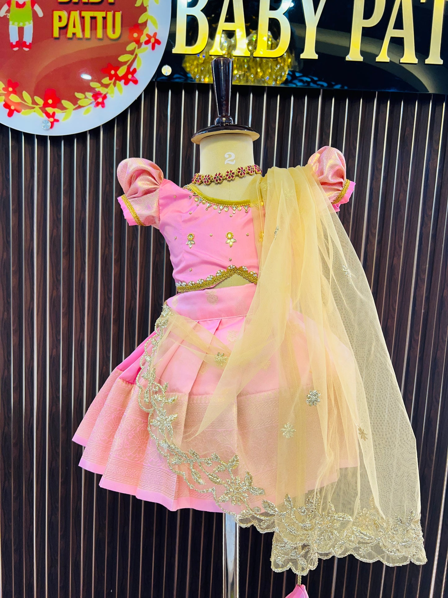 Baby Pink Crop Top And Pink Bottom Pattu Pavada with Detachable Duppatta