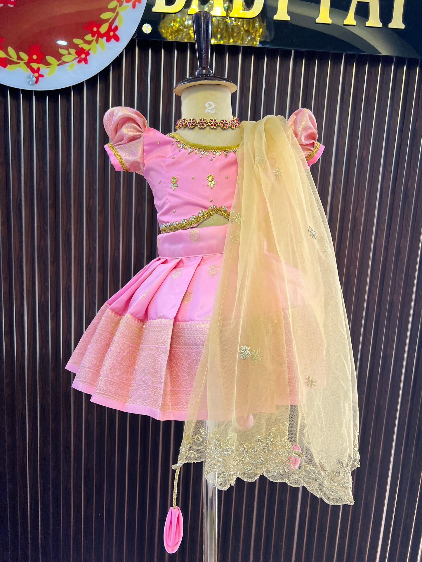 Baby Pink Crop Top And Pink Bottom Pattu Pavada with Detachable Duppatta