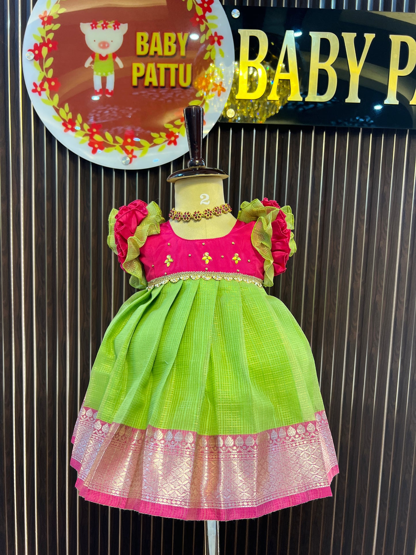 Rani Pink And Green Colour Frock