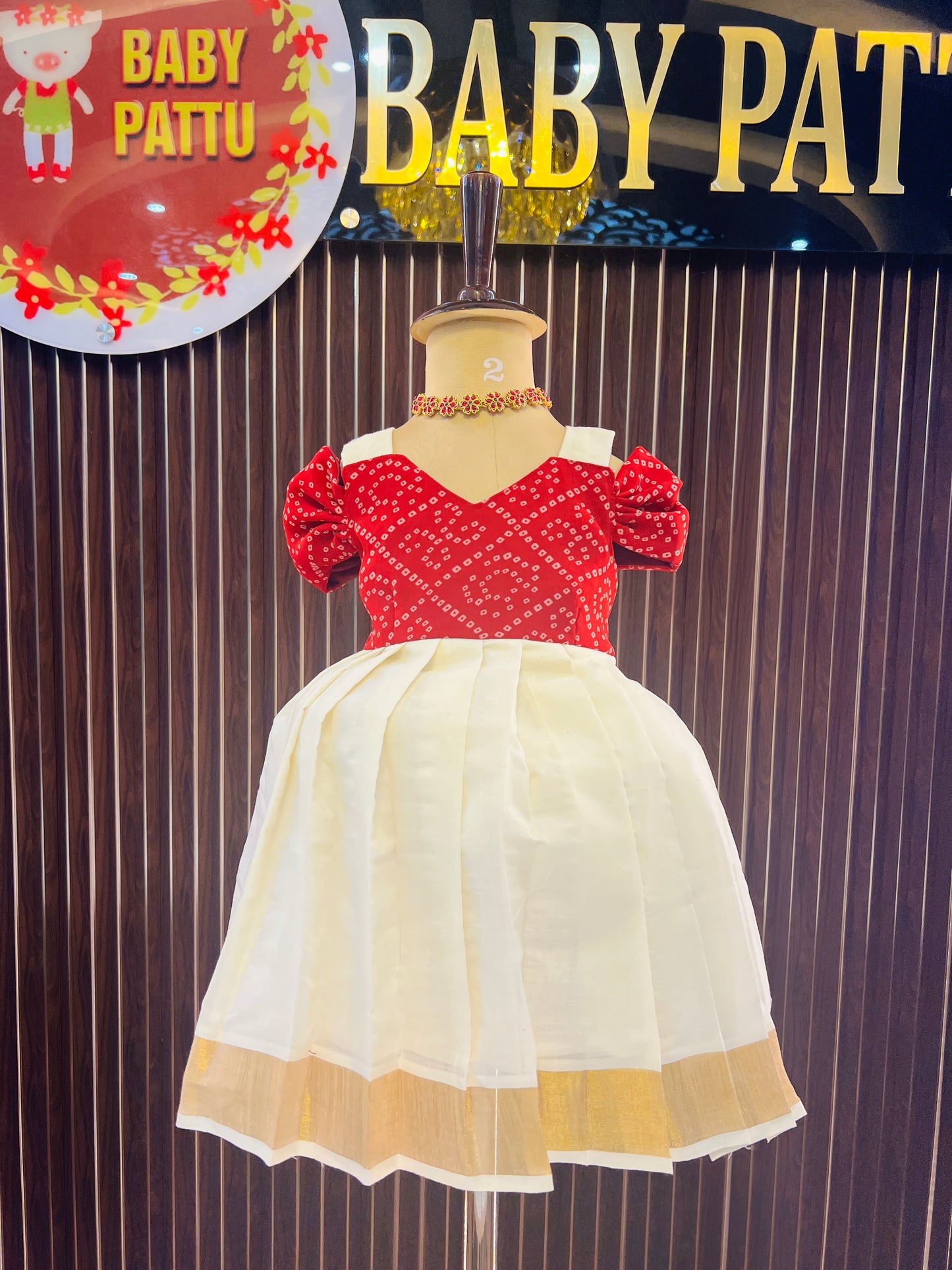 Red And White Kerala Cotton Frock