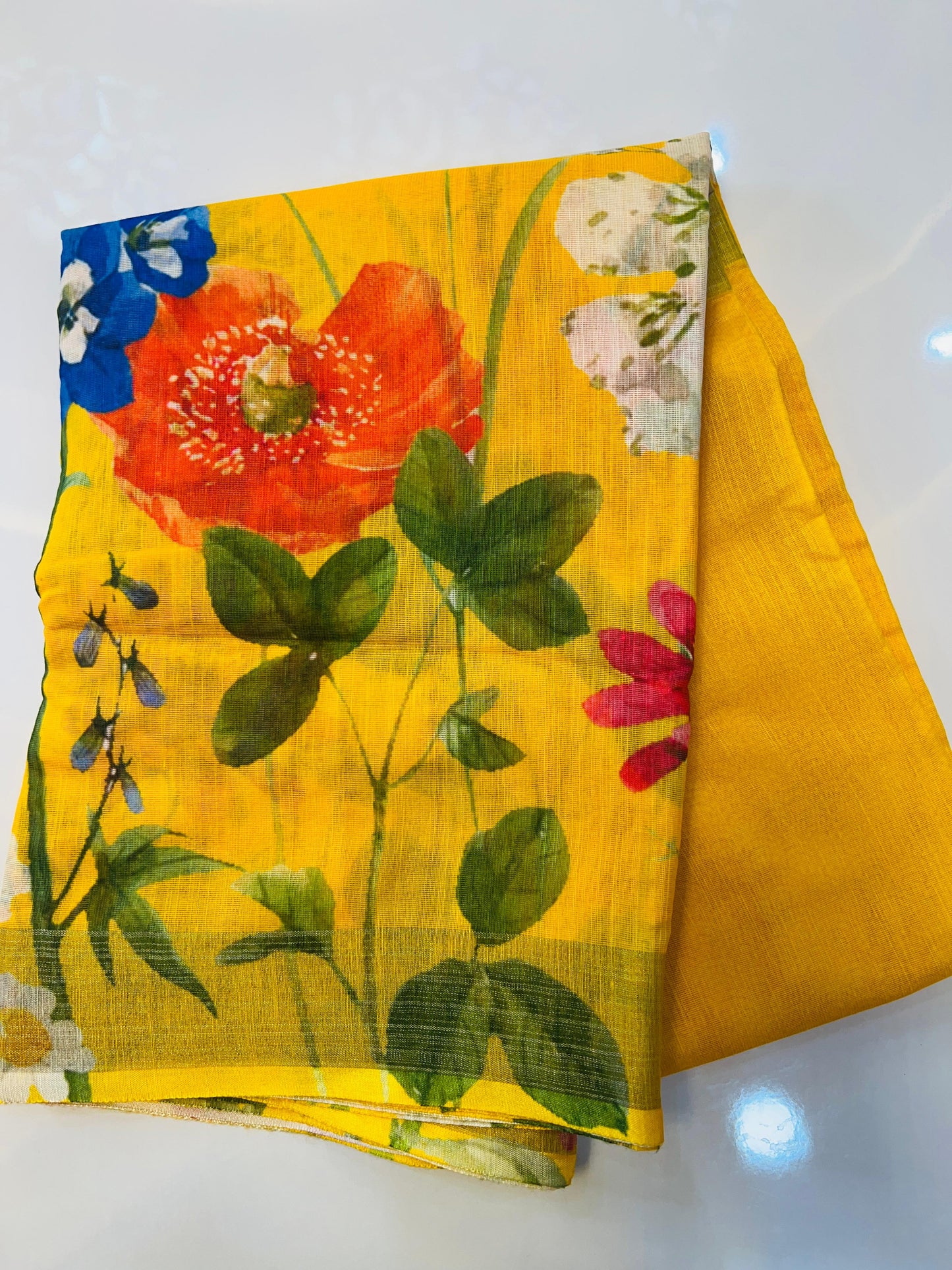 Yellow Color Linen Floral Print Saree