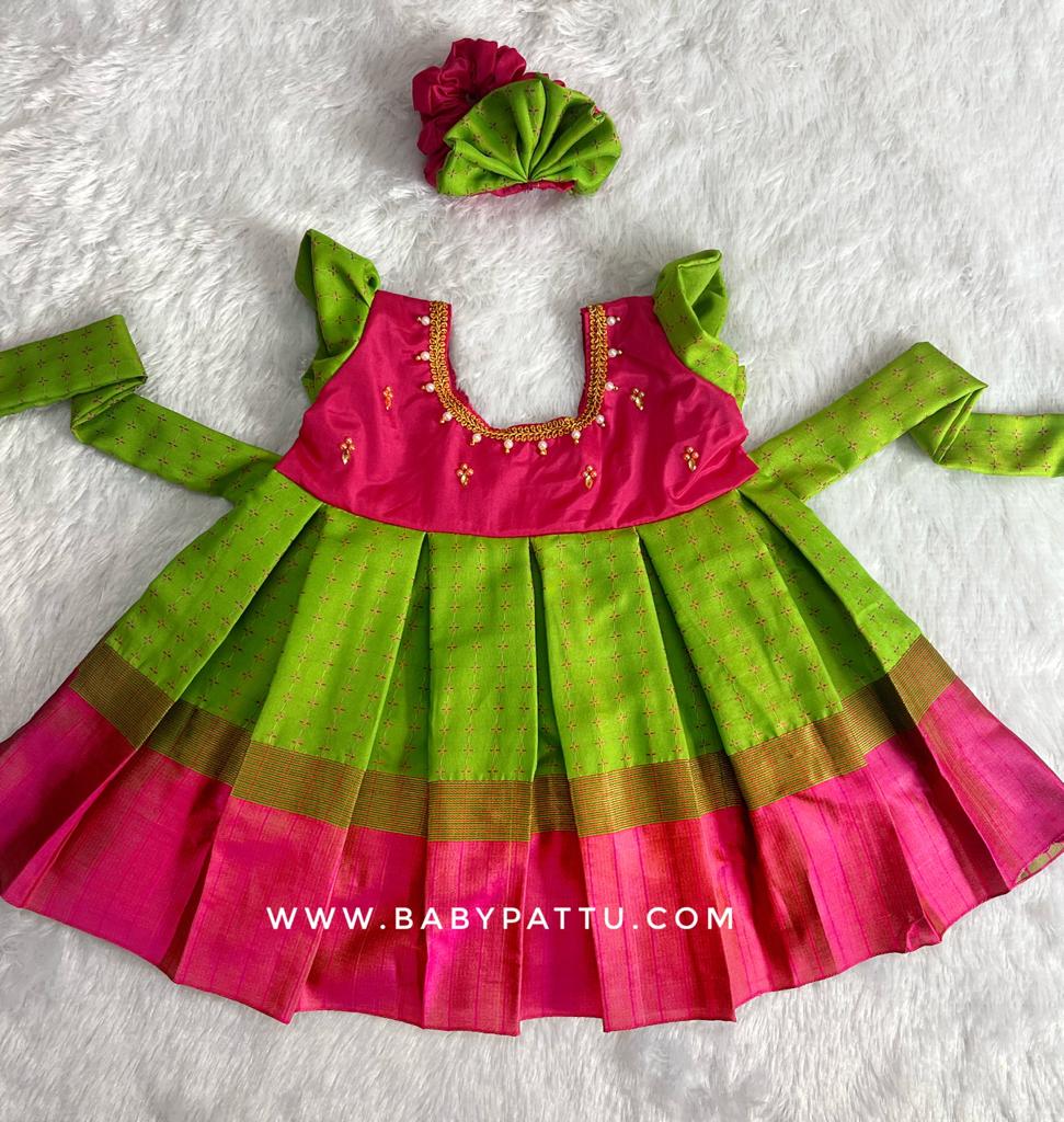 Pink & Parrot Green Frock babypattustudio Pink & Parrot Green Frock babypattustudio