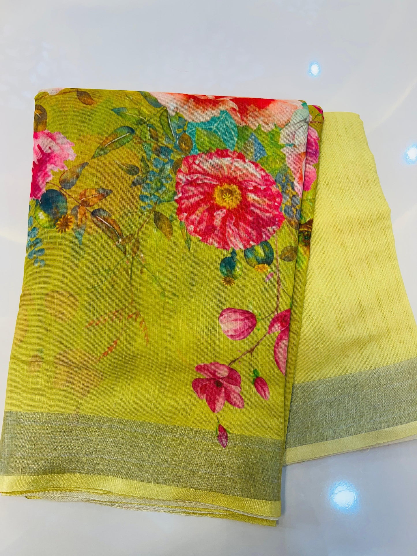 Light Yellow Color Linen Floral Print Saree