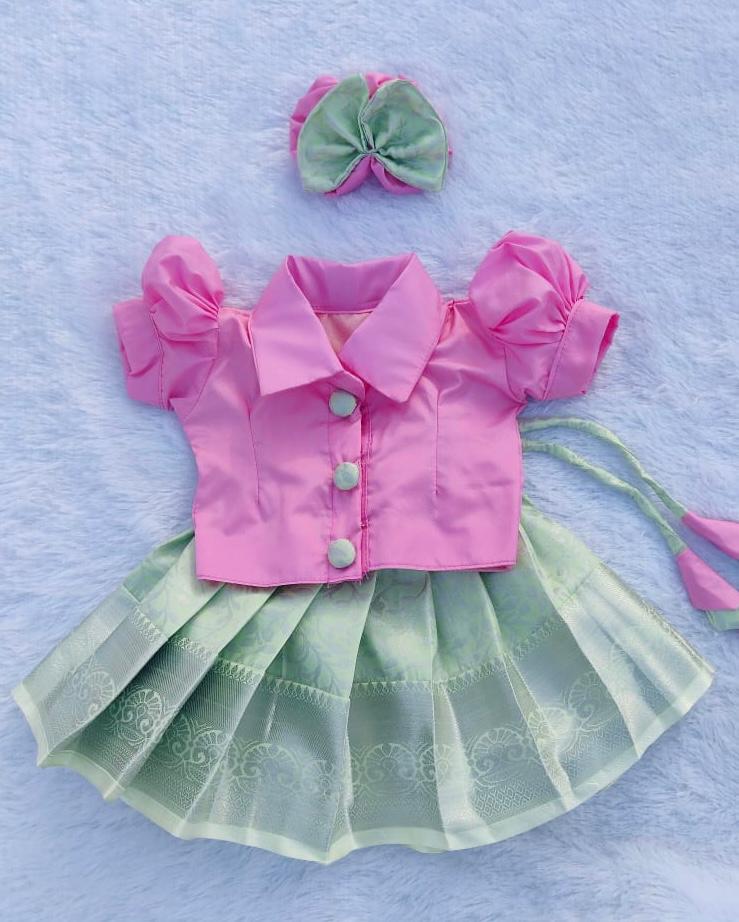 Pink Shirt & Mint Green Pattu Pavada