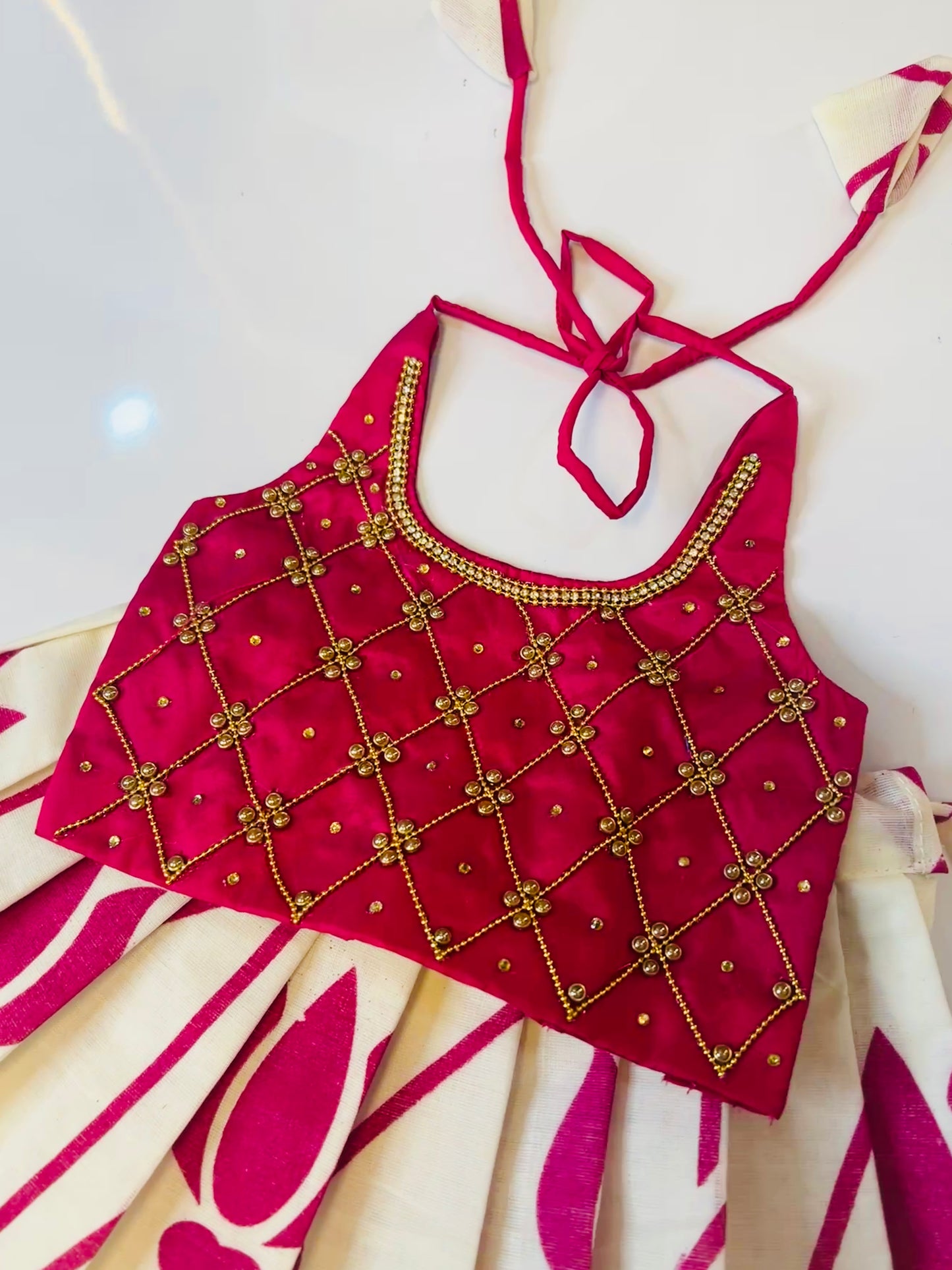 Rani Pink Color Crop Top And Kerala Cotton Bottom Pattu Pavada Onam 2025 collections