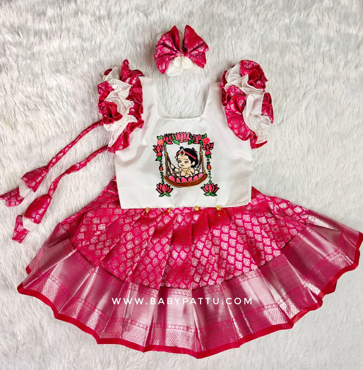 Cradle / Barasala Uyyala Function / Kuan Poojan Or Thottil , Ceremony Beautiful // WHITE & PINK PATTU PAVADA //