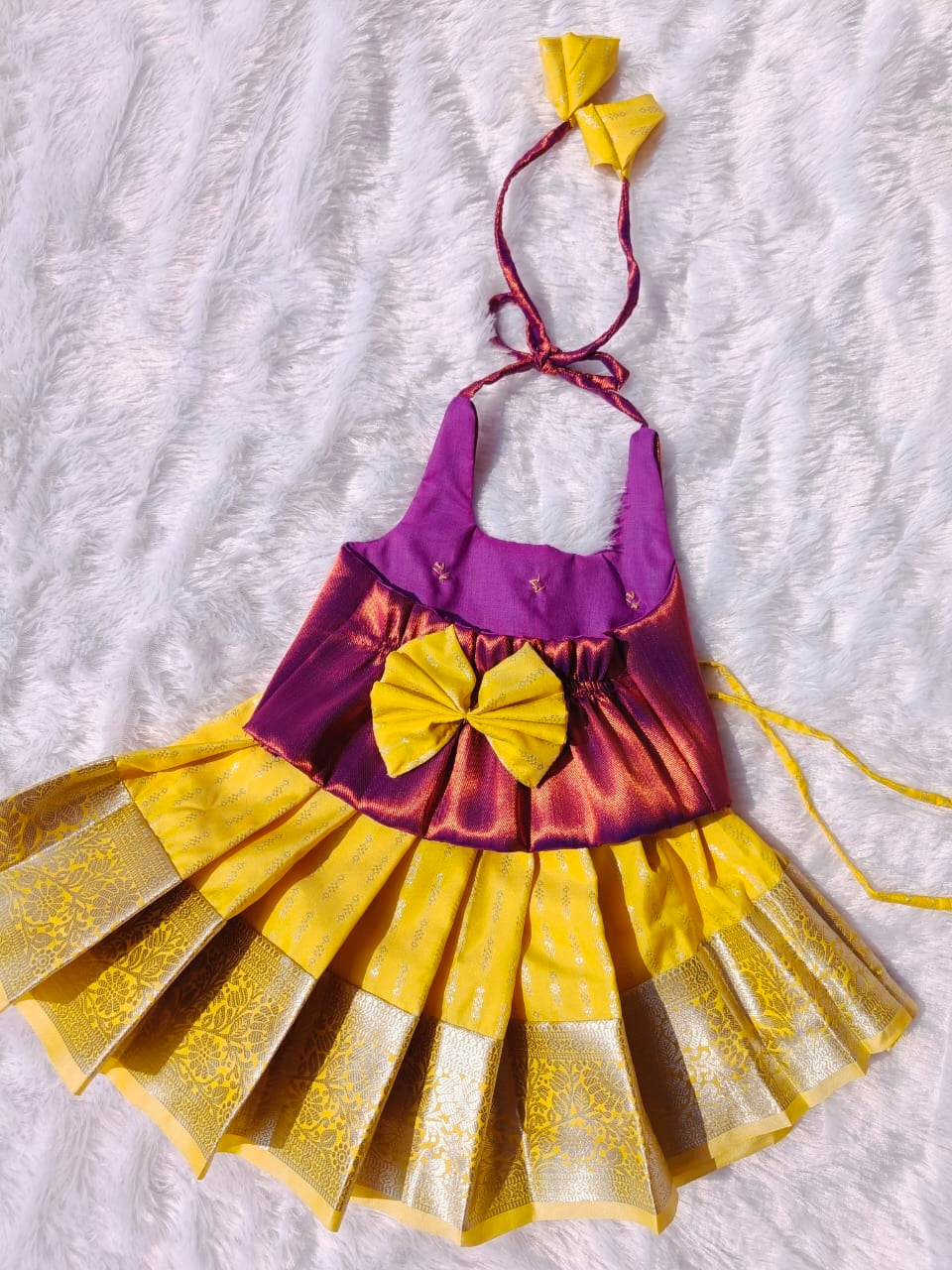 Purple Crop Top and Yellow Pattu Pavada
