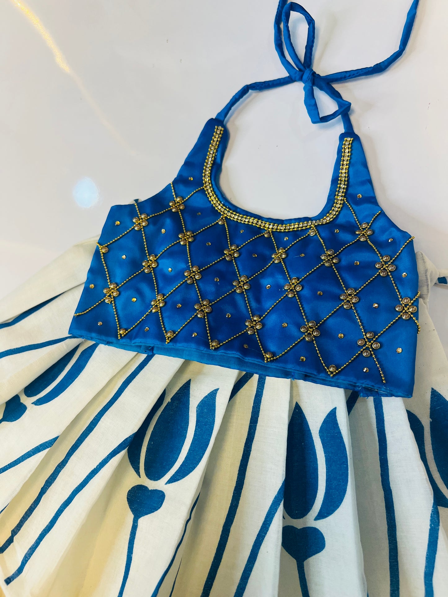 Blue Color Crop Top And Kerala Cotton Bottom Pattu pavada Onam 2025 collections