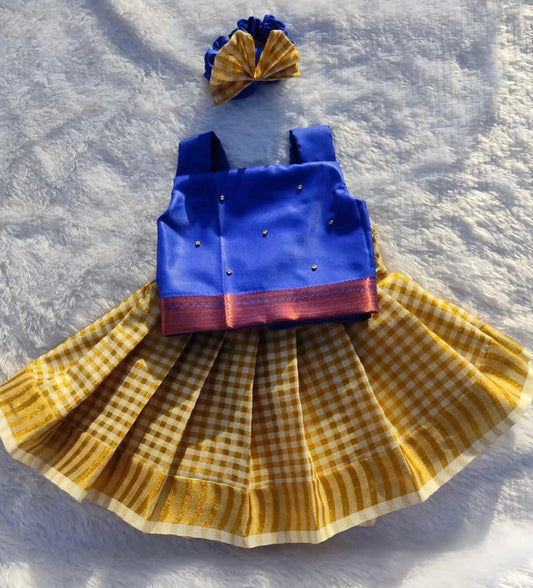 Blue & Gold Checks Kasuvu Cotton Pattu Pavada
