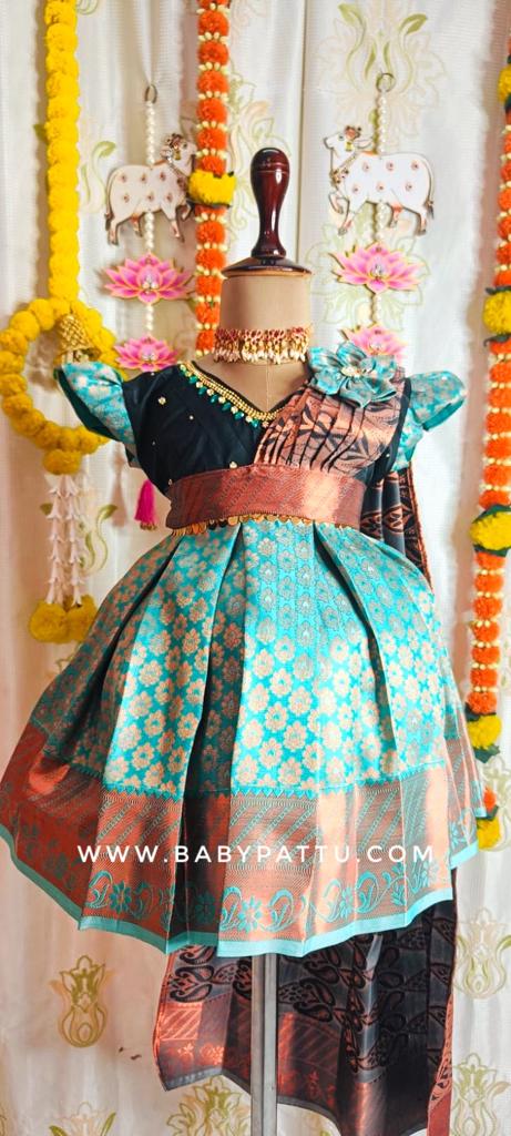 BLACK AND MINT GREEN HALF SAREE MODEL FROCK - Main Image